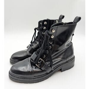 AllSaints Donita Combat Boots Buckle Women's Leather Black Size US7.5 EU38